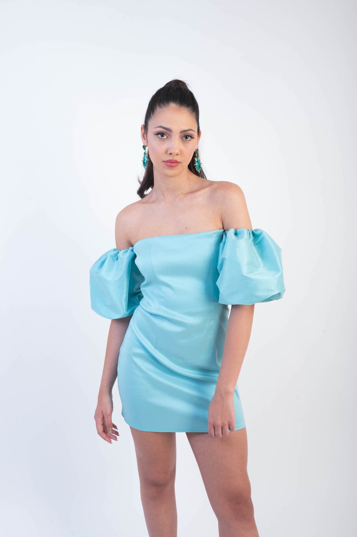 IRA by Irini Charalampous, @irathebrand online shop fashionable ready-to-wear womenswear brand taffeta dress HELENA colour blue high heels Cyprus Greece