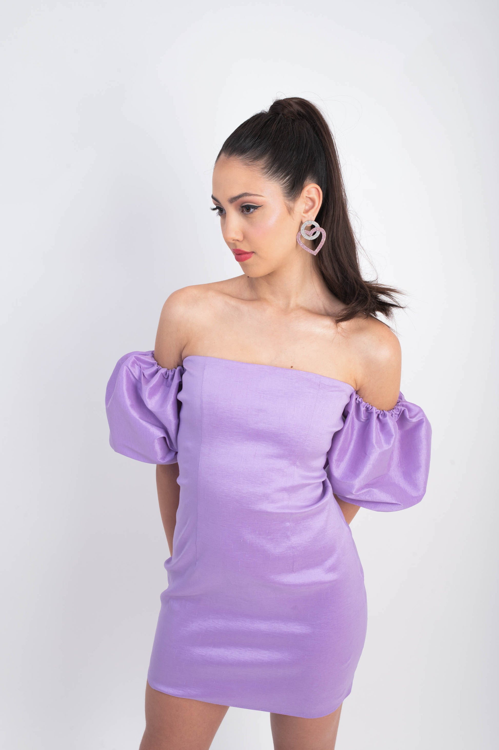 IRA by Irini Charalampous, @irathebrand online shop fashionable ready-to-wear womenswear brand taffeta dress HELENA colour lilac high heels Cyprus Greece