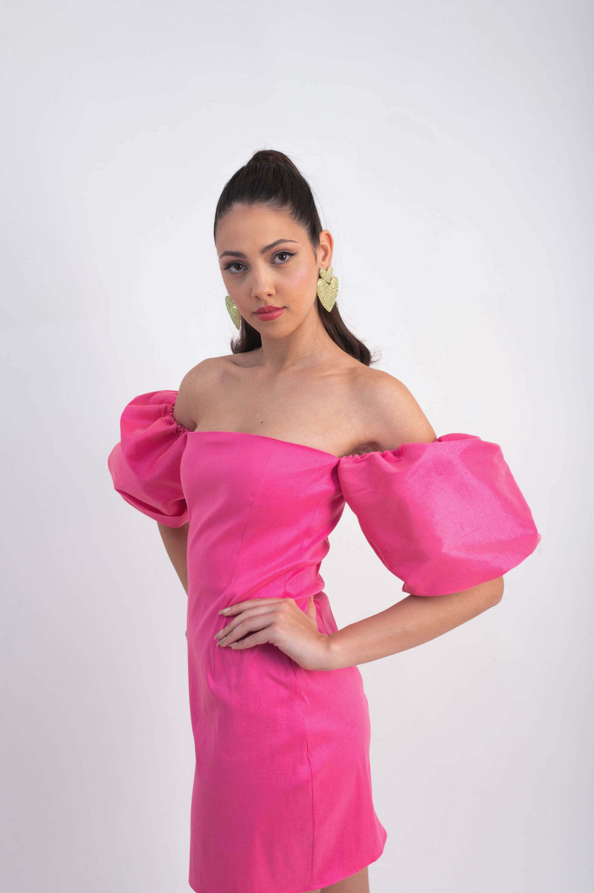 IRA by Irini Charalampous, @irathebrand online shop fashionable ready-to-wear womenswear brand taffeta dress HELENA colour pink high heels Cyprus Greece
