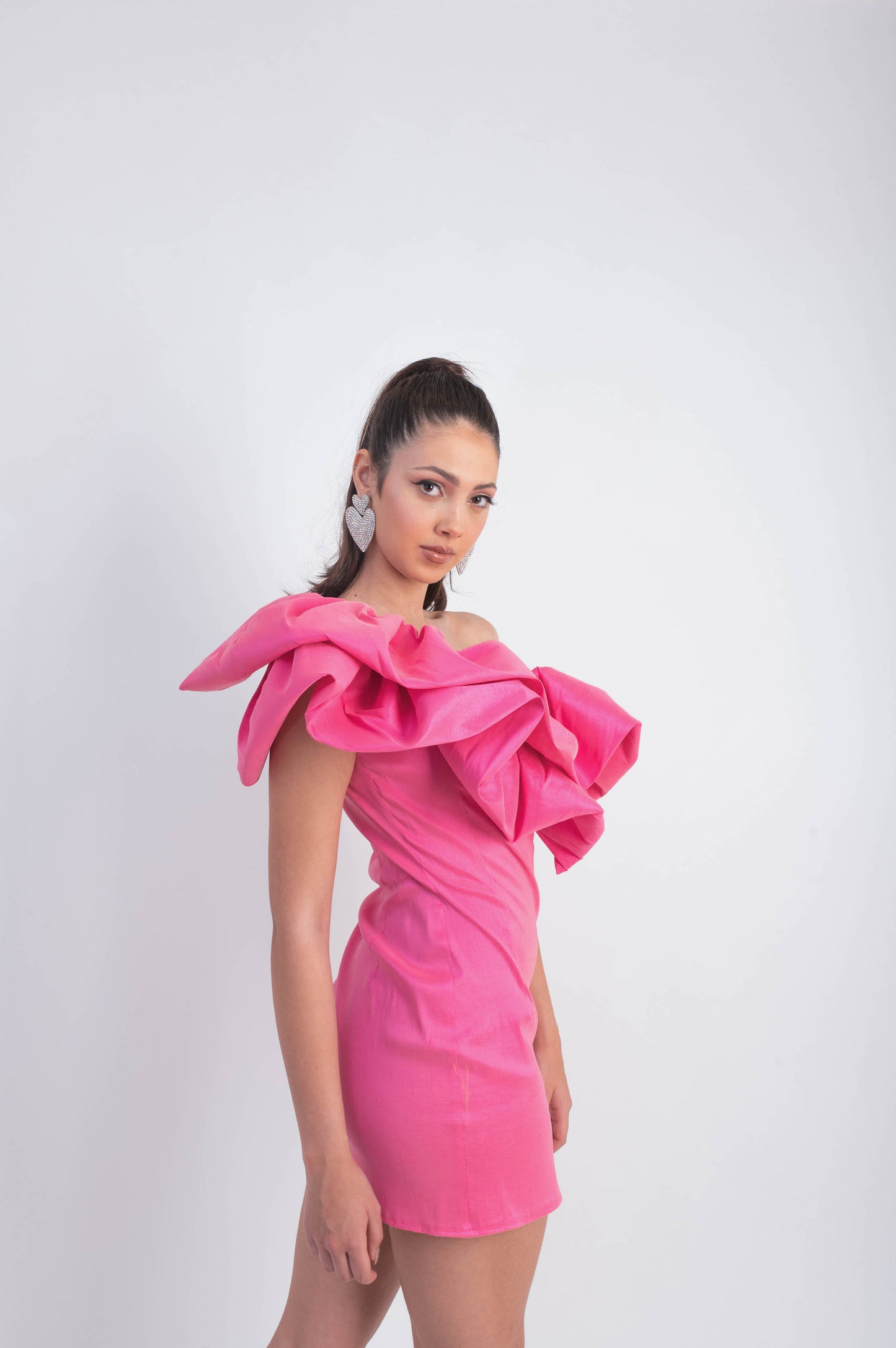 IRA by Irini Charalampous, @irathebrand online shop fashionable ready-to-wear womenswear brand taffeta dress ISABELLA color hot pink high heels Cyprus Greece