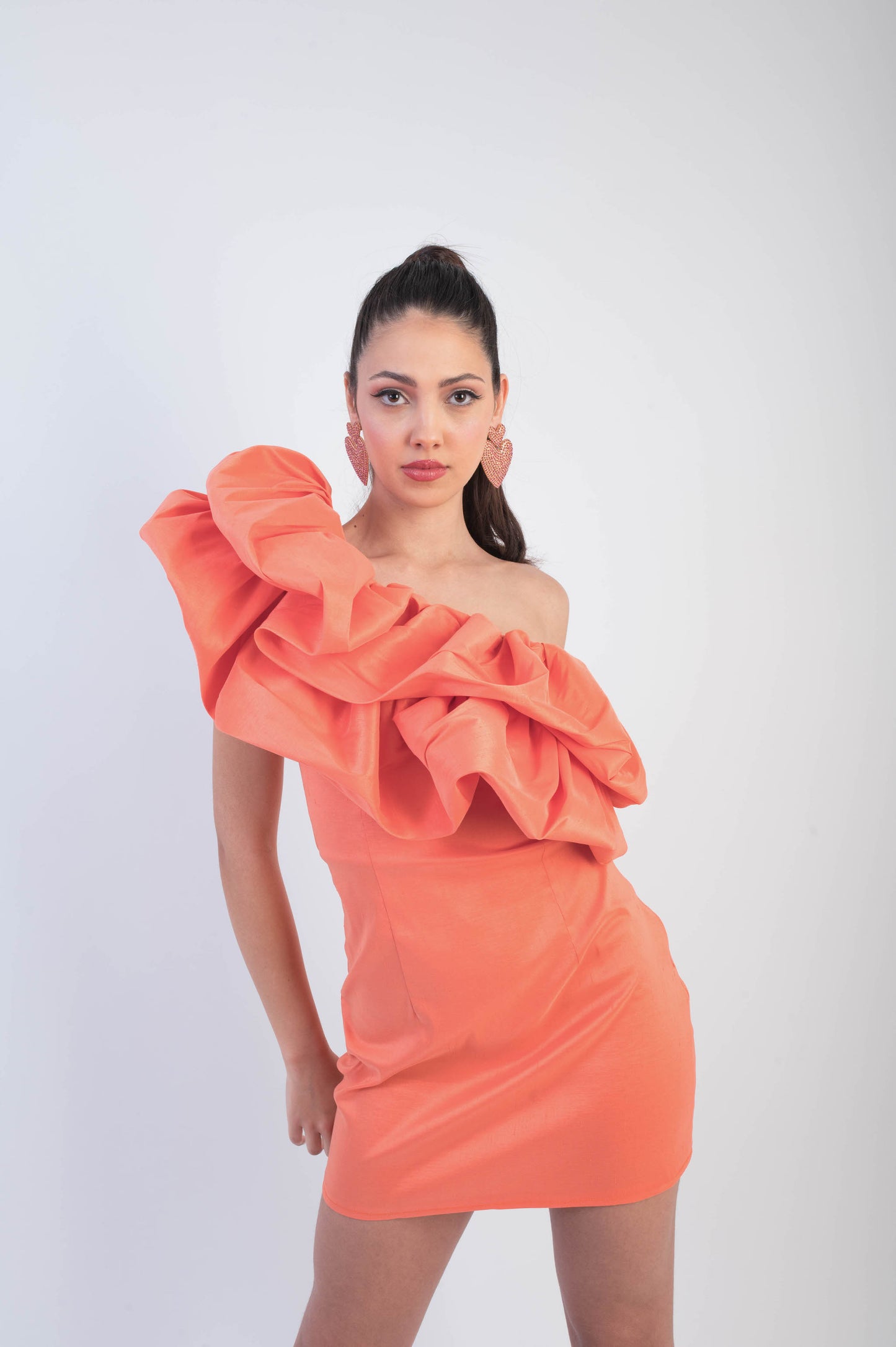 IRA by Irini Charalampous, @irathebrand online shop fashionable ready-to-wear womenswear brand taffeta dress ISABELLA color orange high heels Cyprus Greece