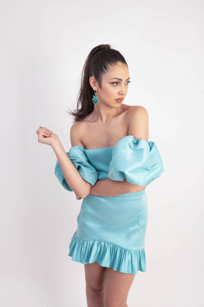 IRA by Irini Charalampous, @irathebrand online shop fashionable ready-to-wear womenswear brand taffeta set NATALIE colour blue high heels Cyprus Greece