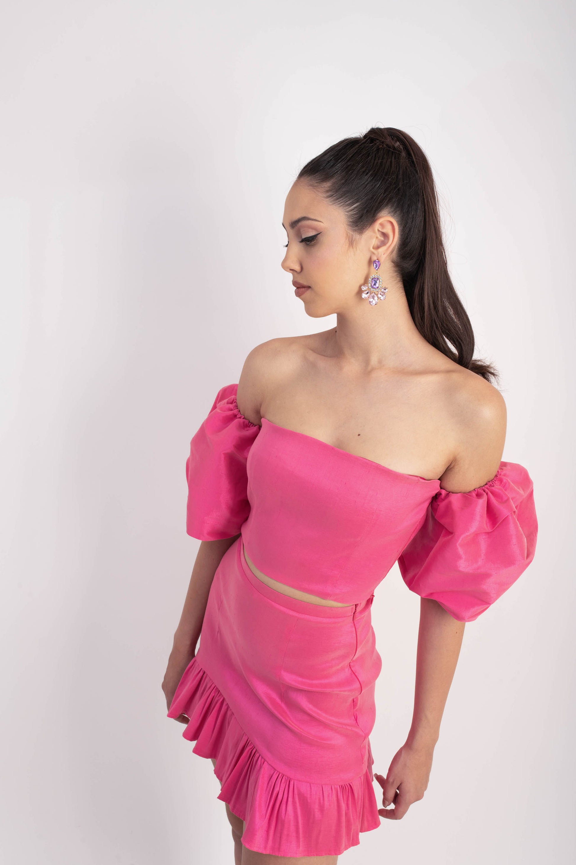 IRA by Irini Charalampous, @irathebrand online shop fashionable ready-to-wear womenswear brand taffeta set NATALIE colour lilac high heels Cyprus Greece