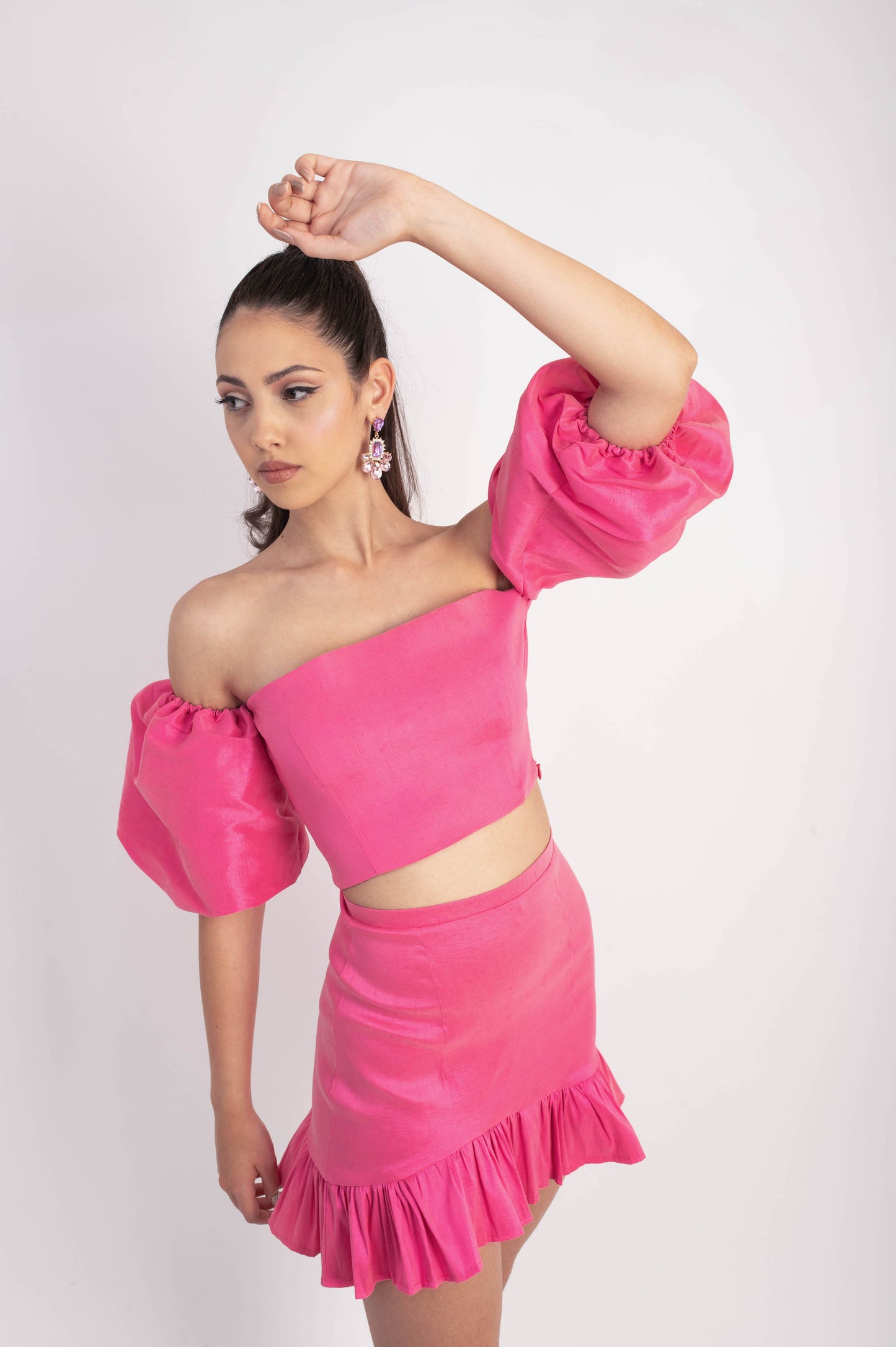 IRA by Irini Charalampous, @irathebrand online shop fashionable ready-to-wear womenswear brand taffeta set NATALIE colour hot pink high heels Cyprus Greece