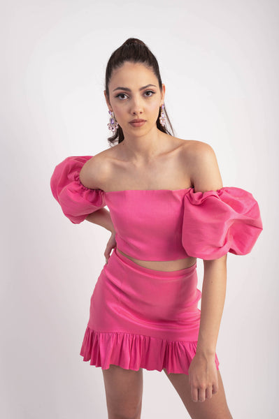 IRA by Irini Charalampous, @irathebrand online shop fashionable ready-to-wear womenswear brand taffeta set NATALIE colour hot pink high heels Cyprus Greece