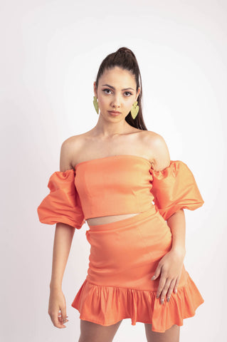 IRA by Irini Charalampous, @irathebrand online shop fashionable ready-to-wear womenswear brand taffeta set NATALIE colour orange high heels Cyprus Greece