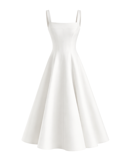 IRA by Irini Charalampous, @irathebrand online shop fashionable ready-to-wear womenswear brand sculpted bust scuba fabric NINA bridal midi dress with circle skirt in white color. Shop online from Cyprus and Greece.