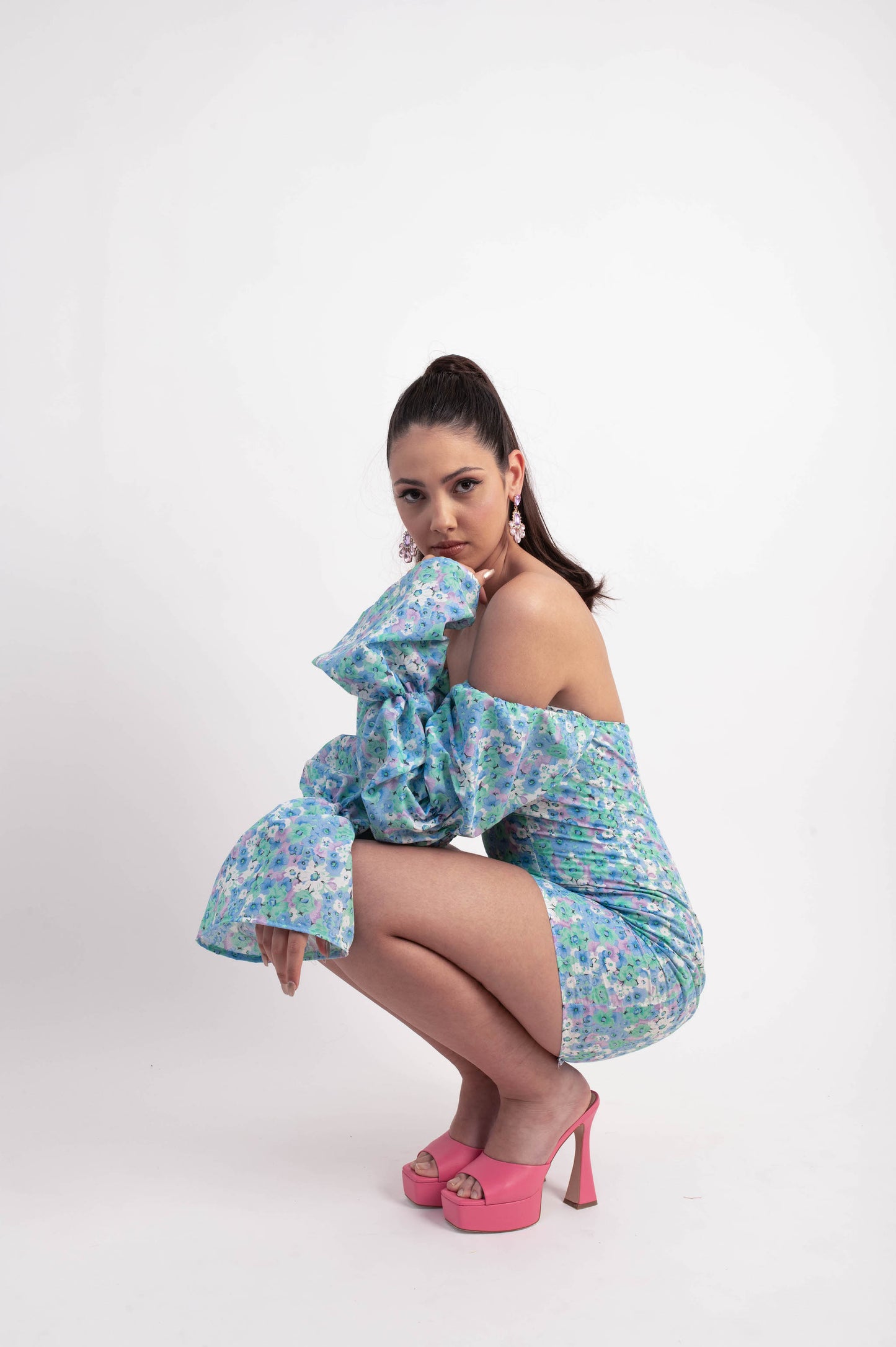IRA by Irini Charalampous, @irathebrand online shop fashionable ready-to-wear womenswear brand dress OLIVIA colour garden high heels Cyprus Greece