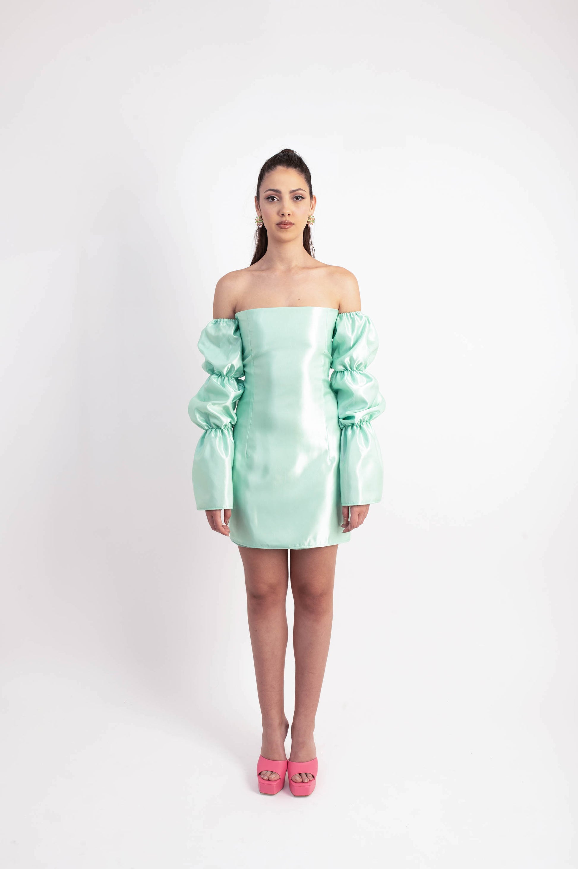 IRA by Irini Charalampous, @irathebrand online shop fashionable ready-to-wear womenswear brand dress OLIVIA colour mint high heels Cyprus Greece