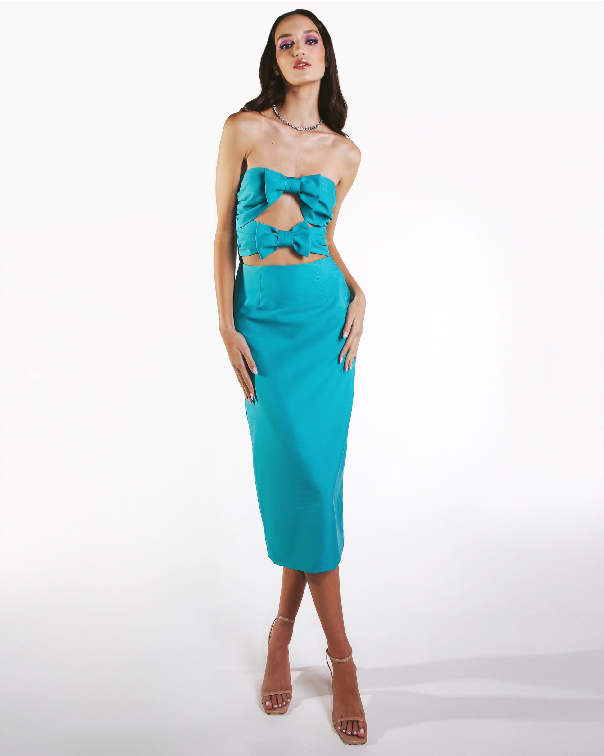 IRA by Irini Charalampous, @irathebrand online shop fashionable ready-to-wear womenswear brand dress PENELOPE colour turquoise high heels Cyprus Greece