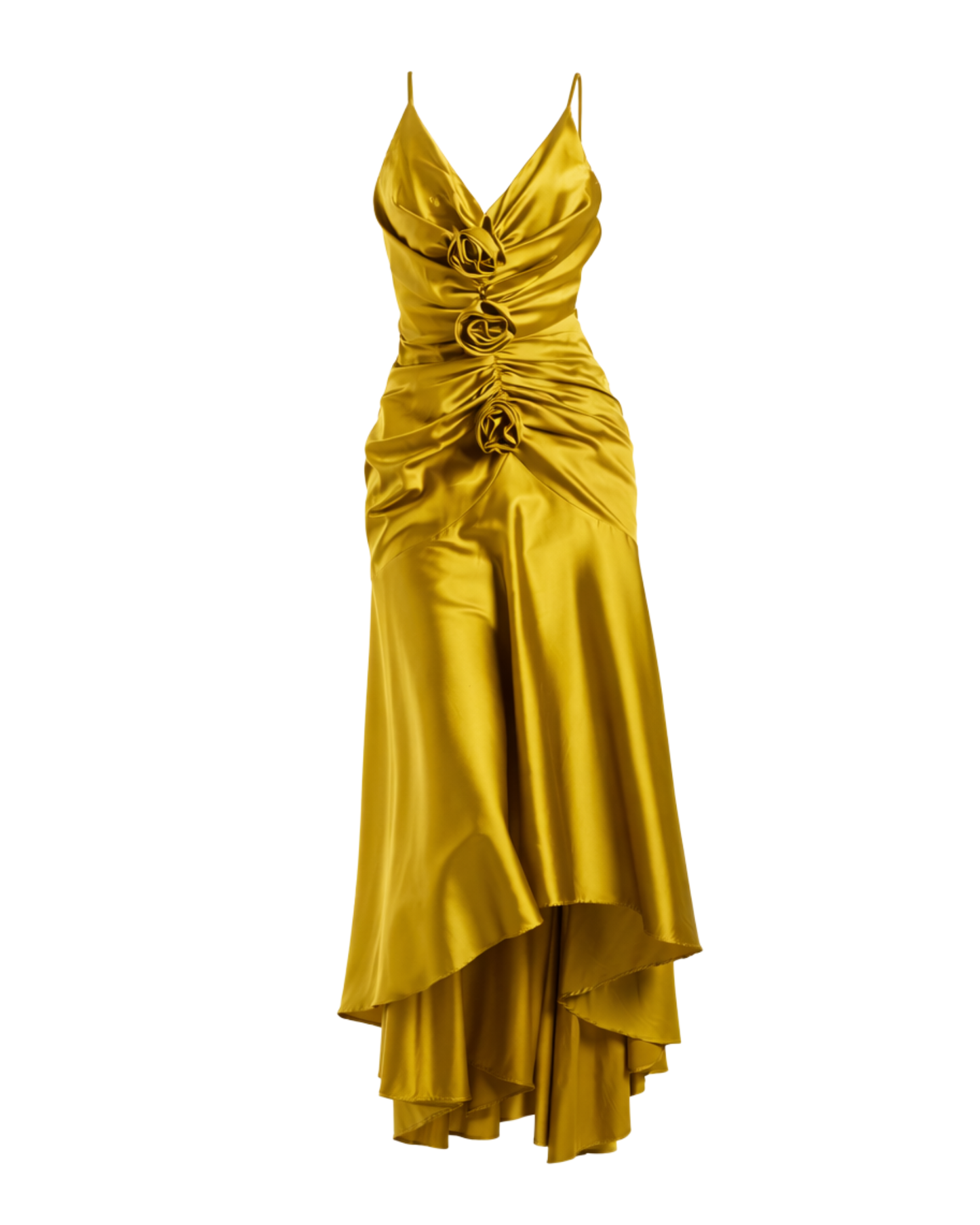 IRA by Irini Charalampous, @irathebrand online shop fashionable ready-to-wear womenswear brand CORA satin plunging neckline with ruching at the waist and roses maxi dress in ochre color. Shop online from Cyprus and Greece.