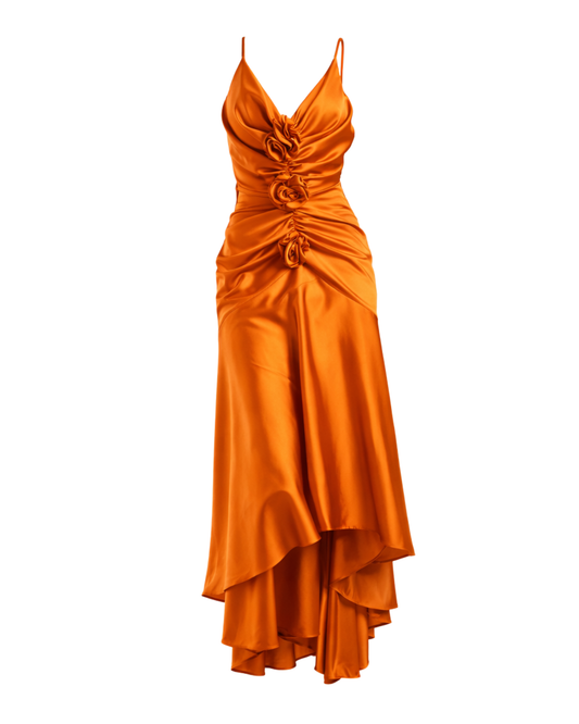 IRA by Irini Charalampous, @irathebrand online shop fashionable ready-to-wear womenswear brand CORA satin plunging neckline with ruching at the waist and roses maxi dress in orange color. Shop online from Cyprus and Greece.