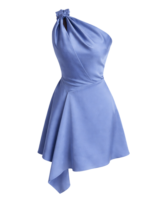 IRA by Irini Charalampous, @irathebrand online shop fashionable ready-to-wear womenswear brand LINA satin asymmetric one shoulder mini dress in light blue color. Shop online from Cyprus and Greece.