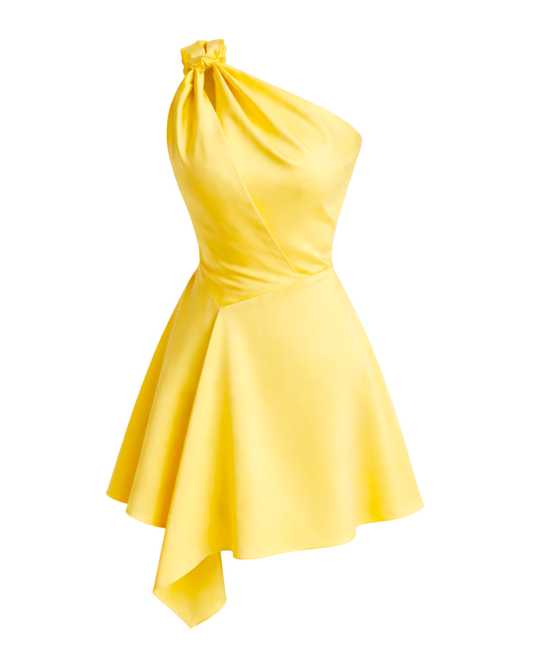 IRA by Irini Charalampous, @irathebrand online shop fashionable ready-to-wear womenswear brand LINA satin asymmetric one shoulder mini dress in yellow color. Shop online from Cyprus and Greece.