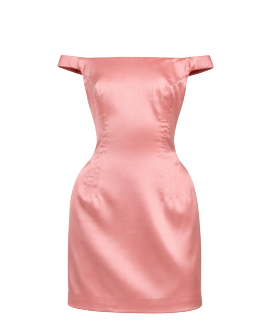 IRA by Irini Charalampous, @irathebrand online shop fashionable ready-to-wear womenswear brand LARA off shoulder with side shoulder pads mini dress in blush color. Shop online from Cyprus and Greece.