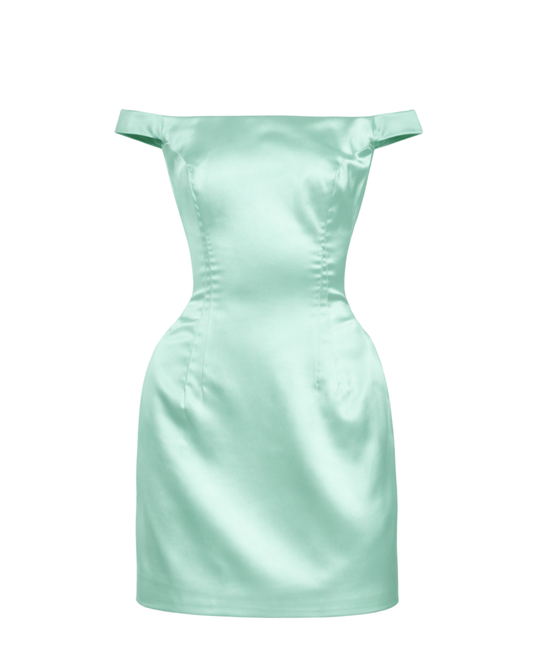 IRA by Irini Charalampous, @irathebrand online shop fashionable ready-to-wear womenswear brand LARA off shoulder with side shoulder pads mini dress in mint color. Shop online from Cyprus and Greece.