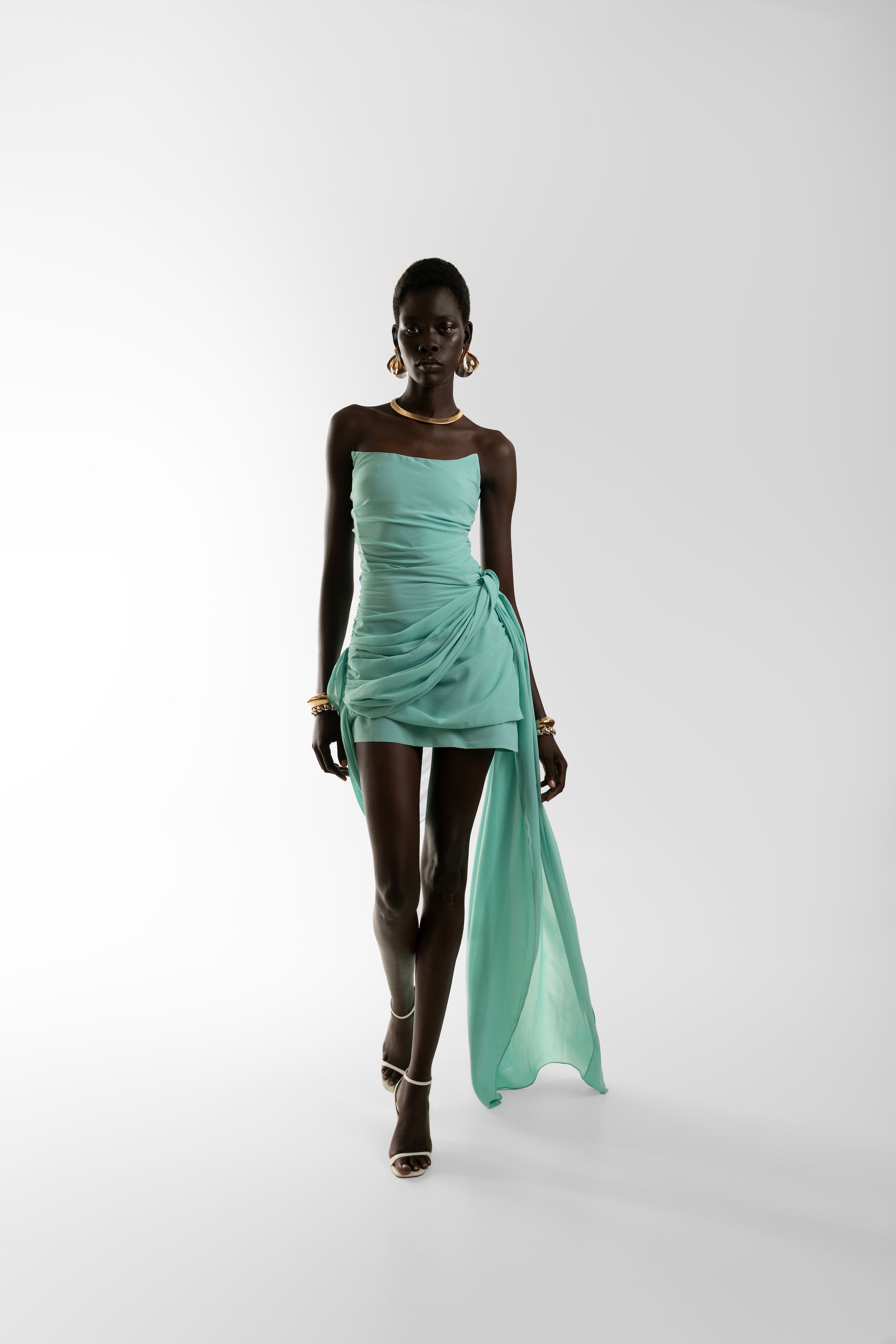 IRA by Irini Charalampous, @irathebrand online shop fashionable ready-to-wear womenswear brand TALA strapless mini dress with train in turquoise color. Shop online from Cyprus and Greece.