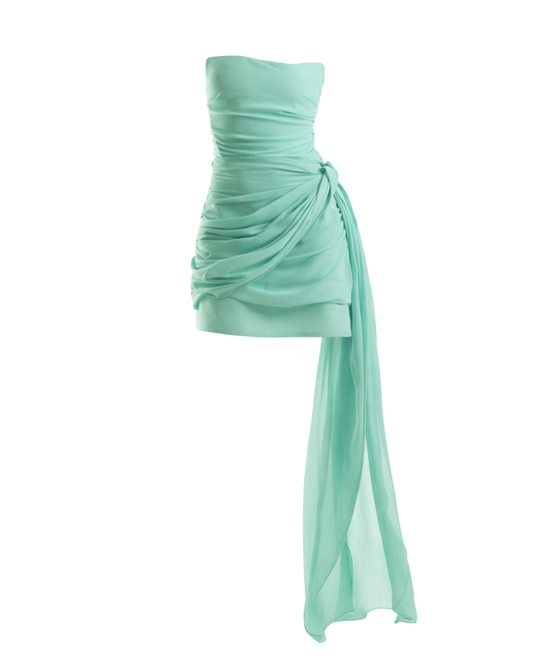 IRA by Irini Charalampous, @irathebrand online shop fashionable ready-to-wear womenswear brand TALA strapless mini dress with train in turquoise color. Shop online from Cyprus and Greece.