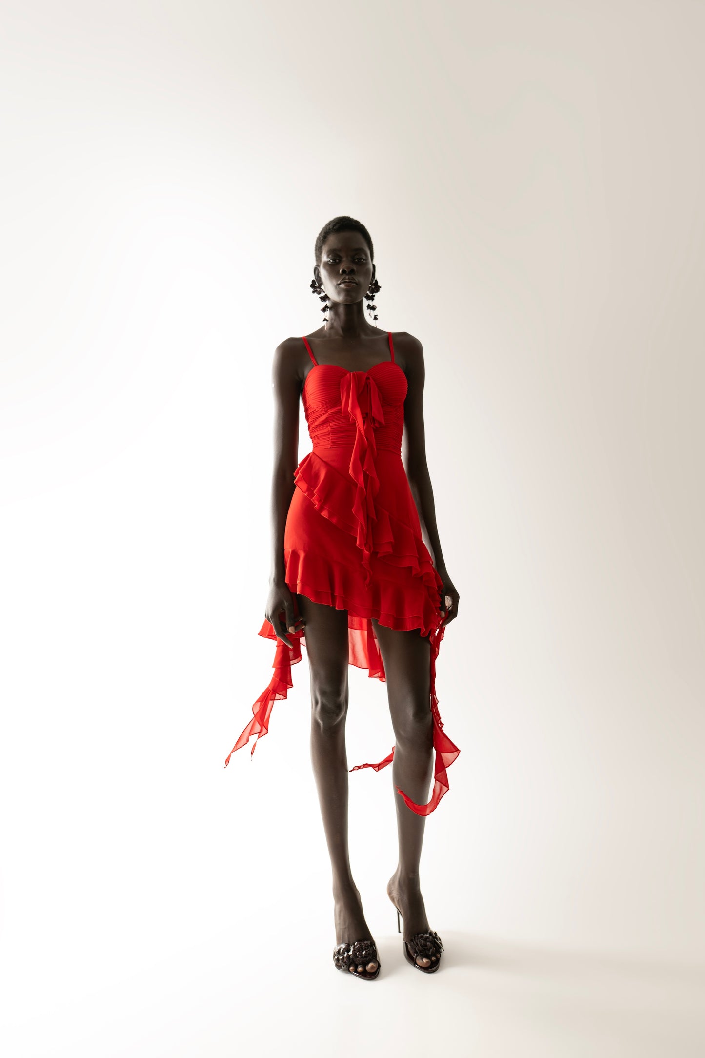 IRA by Irini Charalampous, @irathebrand online shop fashionable ready-to-wear womenswear brand NARA mini dress with hanging fringes and ruffles in red color. Shop online from Cyprus and Greece.
