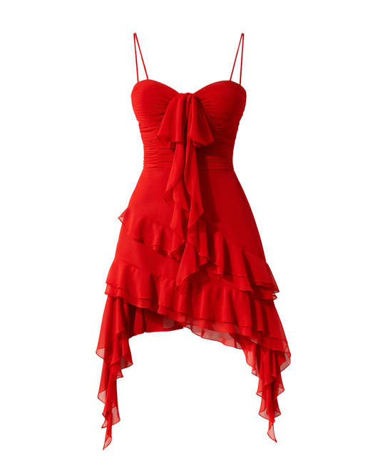 IRA by Irini Charalampous, @irathebrand online shop fashionable ready-to-wear womenswear brand NARA mini dress with hanging fringes and ruffles in red color. Shop online from Cyprus and Greece.