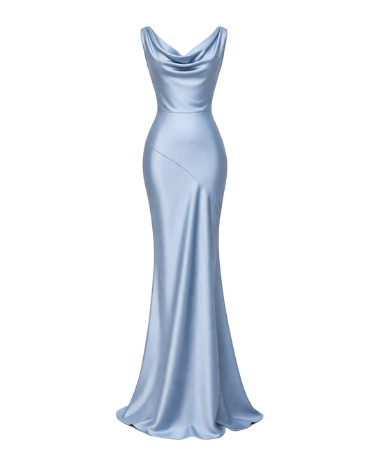 IRA by Irini Charalampous, @irathebrand online shop fashionable ready-to-wear womenswear brand KAIA satin basic maxi dress with open back and tie detail in powder blue color. Shop online from Cyprus and Greece.