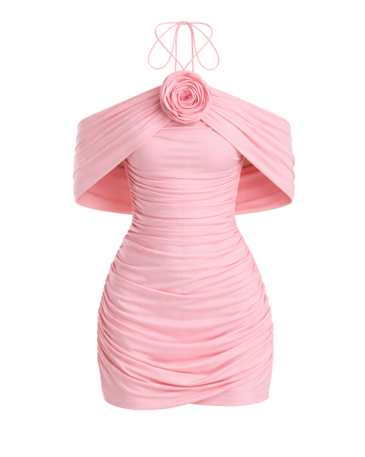 IRA by Irini Charalampous, @irathebrand online shop fashionable ready-to-wear womenswear brand AVA mini dress with ruching and rose at the neck in pink color. Shop online from Cyprus and Greece.