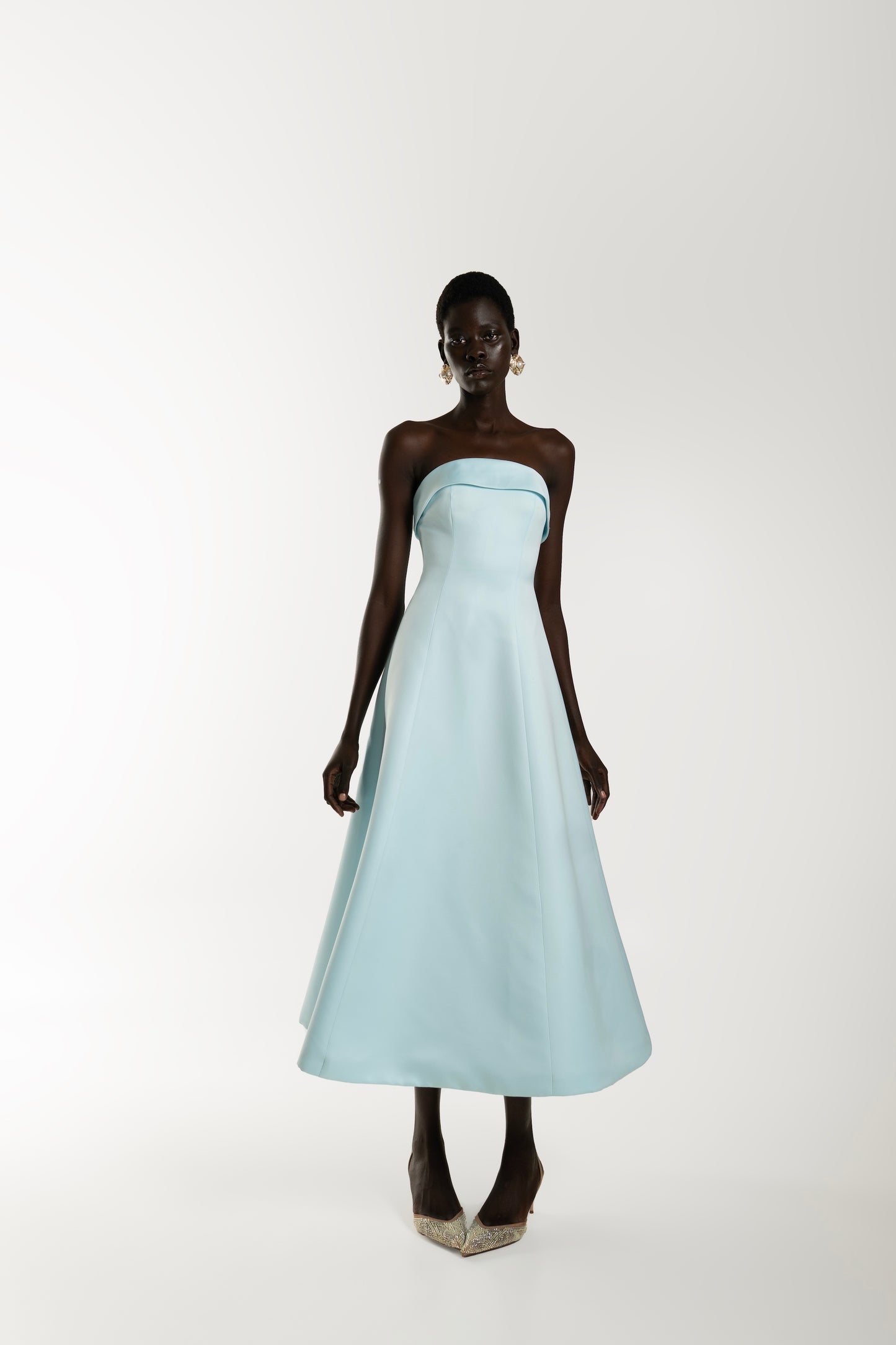 IRA by Irini Charalampous, @irathebrand online shop fashionable ready-to-wear womenswear brand NOOR scuba strapless midi dress with circle skirt in baby blue color. Shop online from Cyprus and Greece.