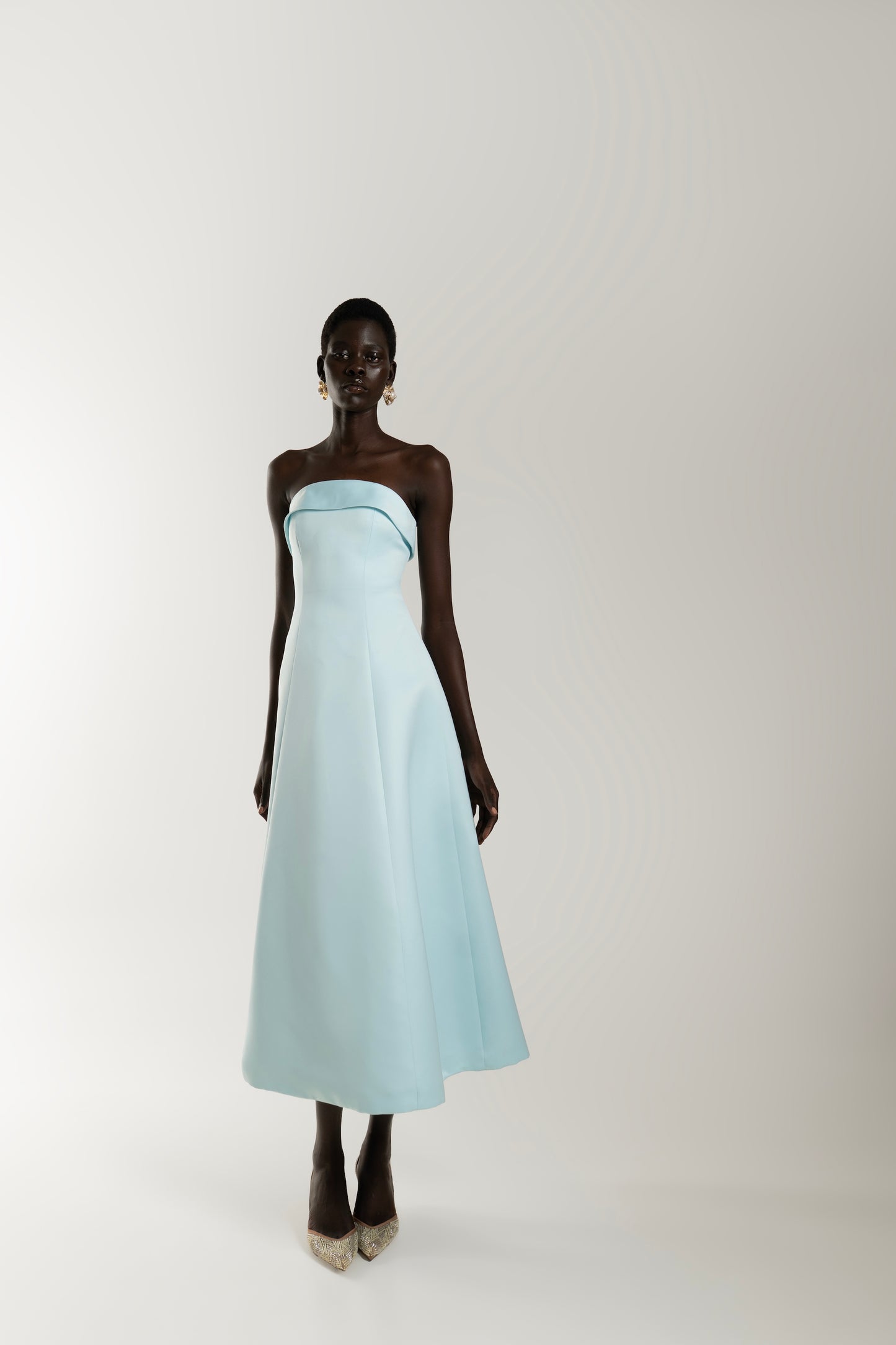 IRA by Irini Charalampous, @irathebrand online shop fashionable ready-to-wear womenswear brand NOOR scuba strapless midi dress with circle skirt in baby blue color. Shop online from Cyprus and Greece.