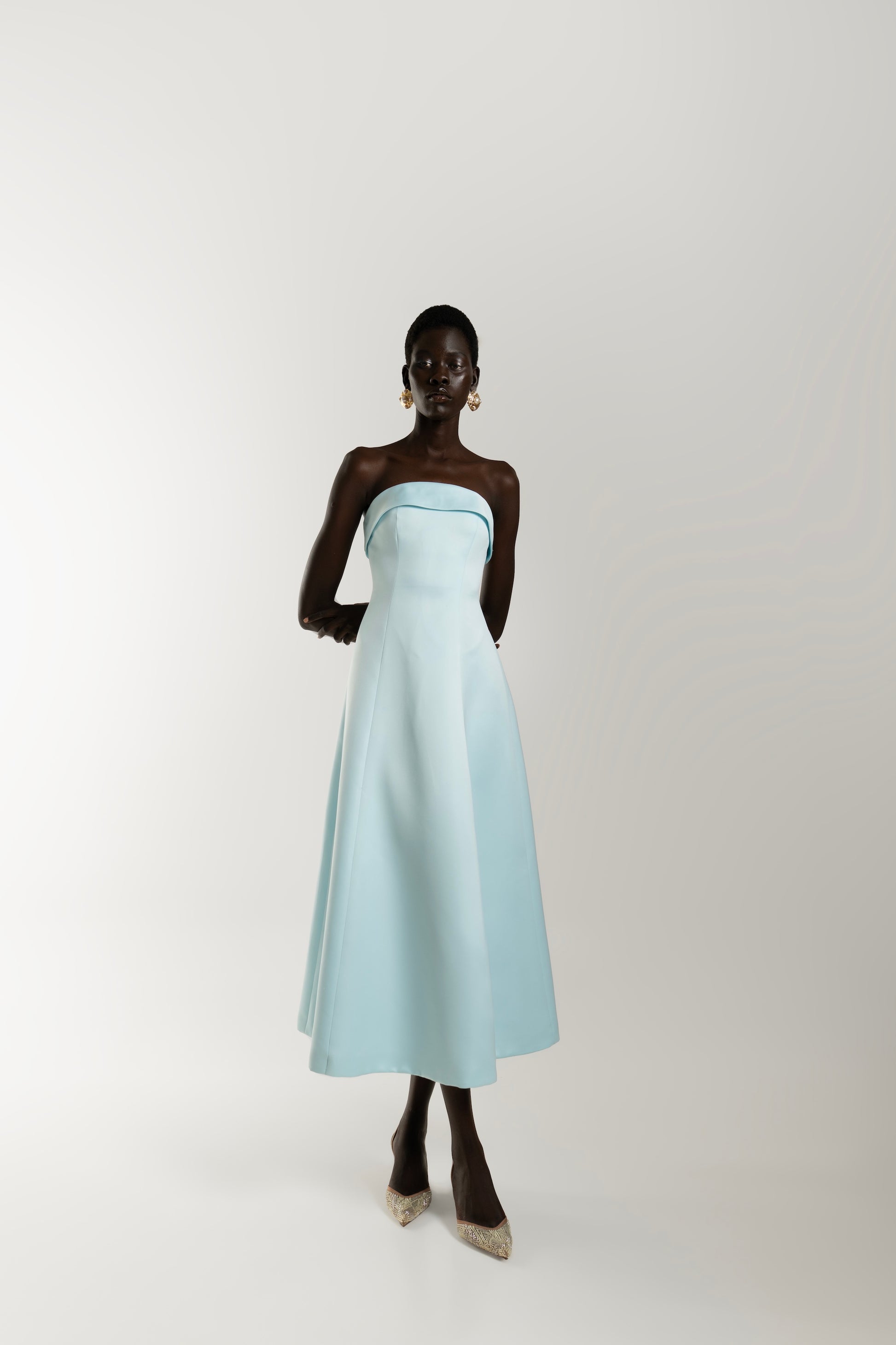 IRA by Irini Charalampous, @irathebrand online shop fashionable ready-to-wear womenswear brand NOOR scuba strapless midi dress with circle skirt in baby blue color. Shop online from Cyprus and Greece.
