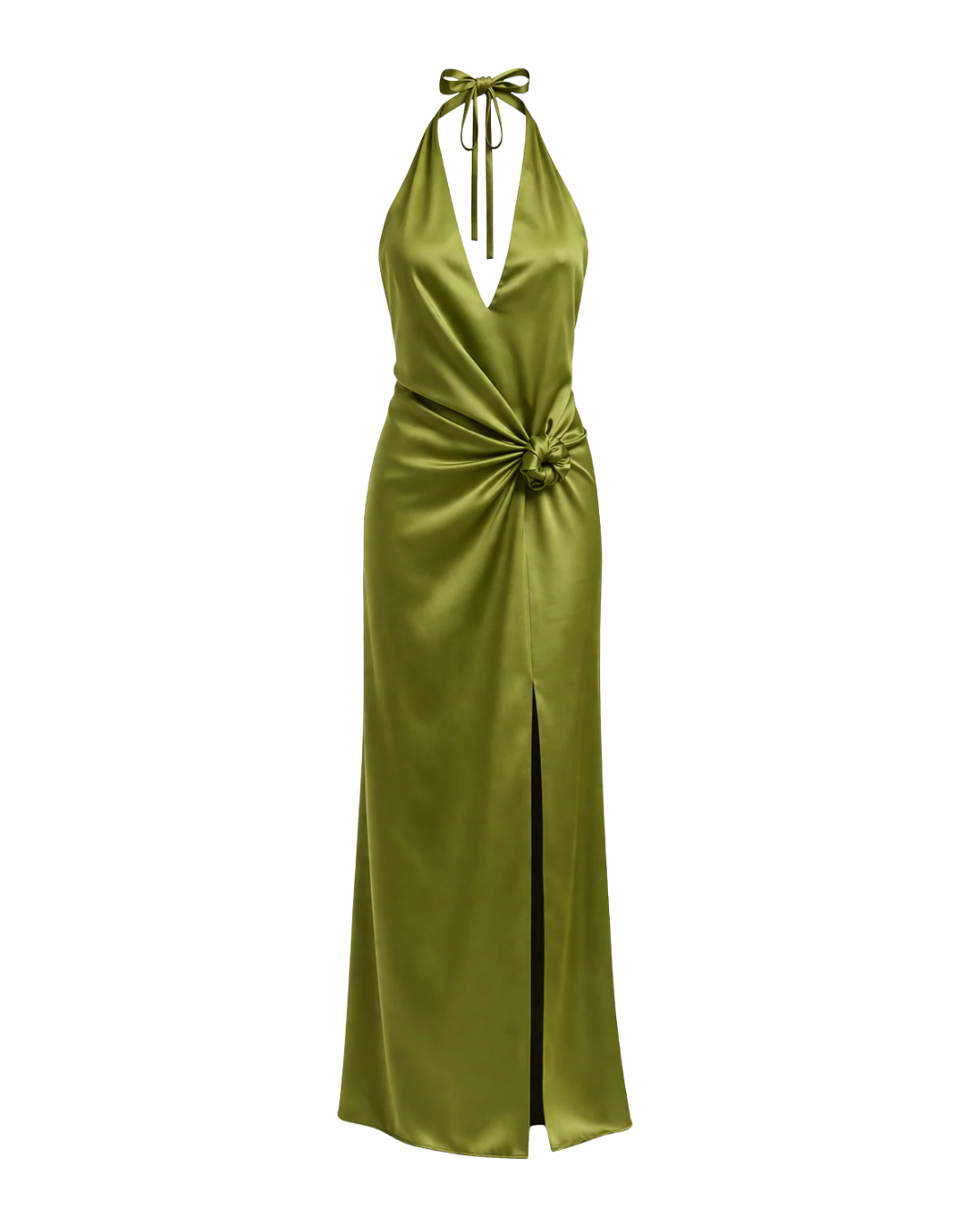 IRA by Irini Charalampous, @irathebrand online shop fashionable ready-to-wear womenswear brand ELIA satin maxi dress with knot detail in khaki green color. Shop online from Cyprus and Greece.