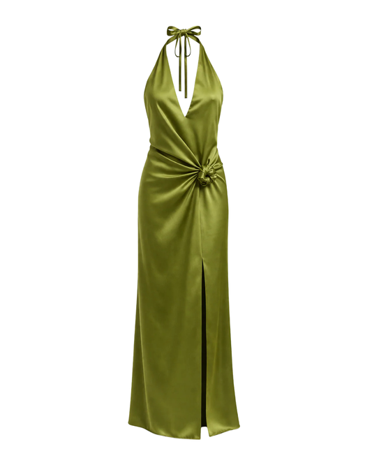 IRA by Irini Charalampous, @irathebrand online shop fashionable ready-to-wear womenswear brand ELIA satin maxi dress with knot detail in khaki green color. Shop online from Cyprus and Greece.