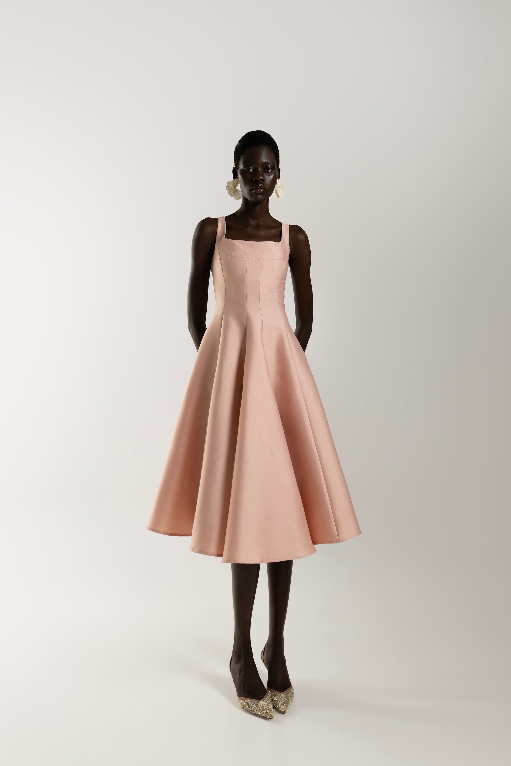 IRA by Irini Charalampous, @irathebrand online shop fashionable ready-to-wear womenswear brand NINA scuba midi dress sculpted bust with circle skirt in pink color. Shop online from Cyprus and Greece.