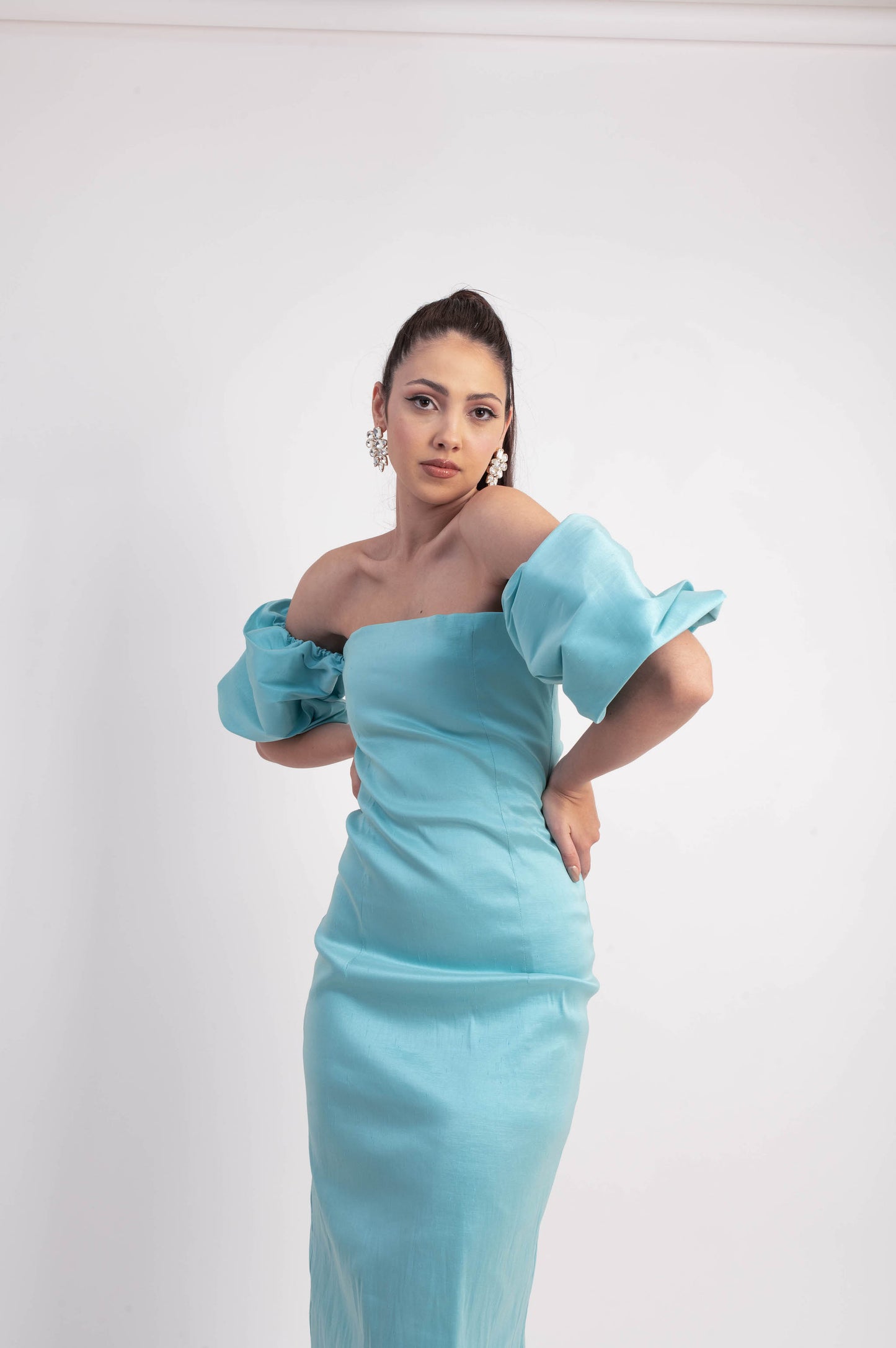 IRA by Irini Charalampous, @irathebrand online shop fashionable ready-to-wear womenswear brand taffeta dress VICTORIA colour blue high heels Cyprus Greece