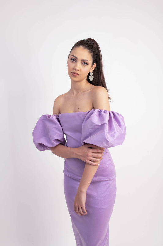 IRA by Irini Charalampous, @irathebrand online shop fashionable ready-to-wear womenswear brand taffeta dress VICTORIA colour lilac high heels Cyprus Greece