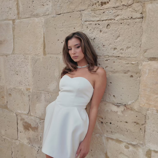 IRA by Irini Charalampous, @irathebrand online shop fashionable ready-to-wear womenswear brand sweetheart neckline scuba fabric ALMA bridal mini dress in white color. Shop online from Cyprus and Greece.