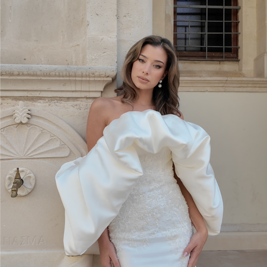 IRA by Irini Charalampous, @irathebrand online shop fashionable ready-to-wear womenswear brand satin off-shoulder volume with intricate beadwork MARA bridal mini dress in ivory color. Shop online from Cyprus and Greece.