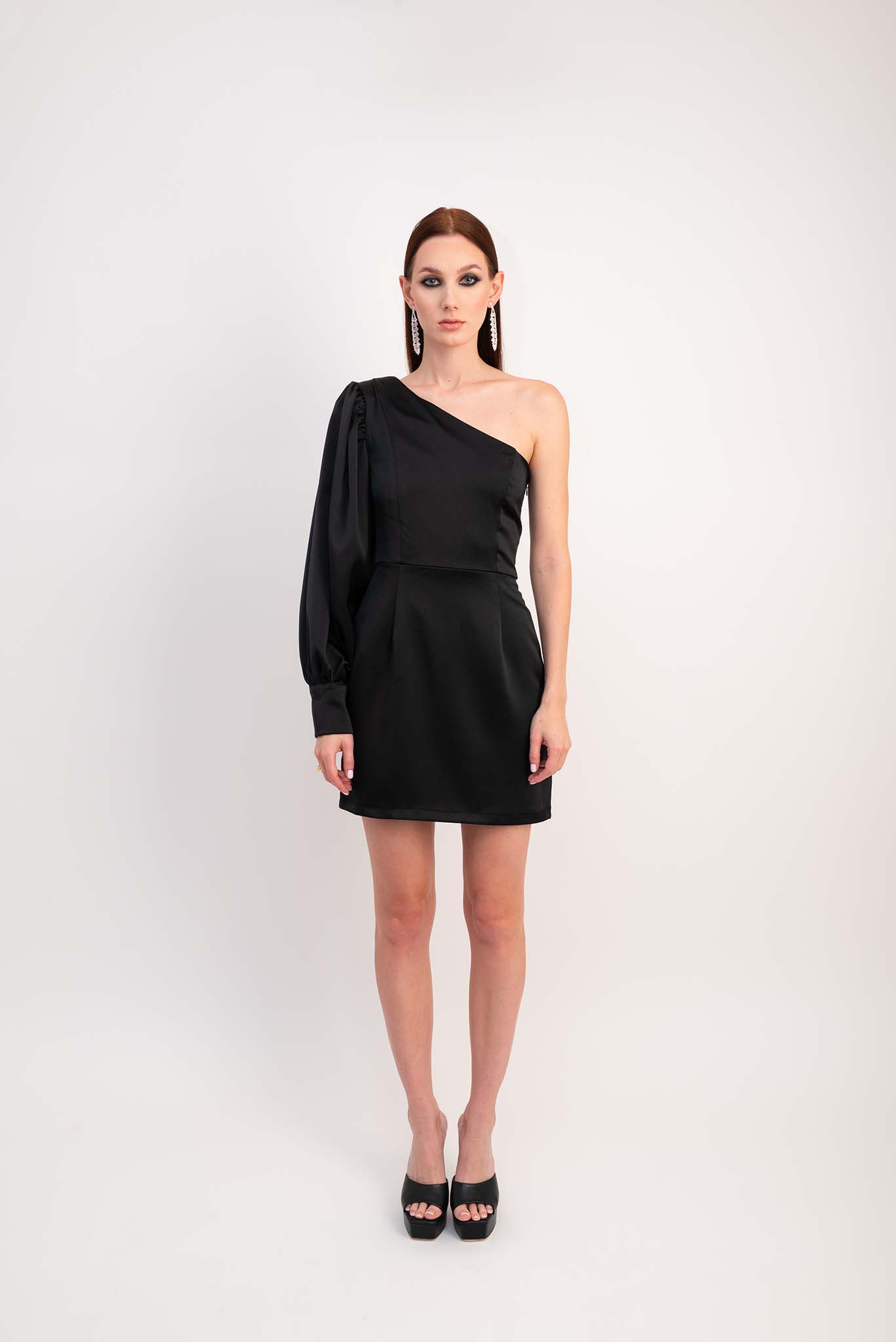 IRA by Irini Charalampous, @irathebrand online shop fashionable ready-to-wear womenswear brand satin dress AMARIS color black high heels Cyprus Greece