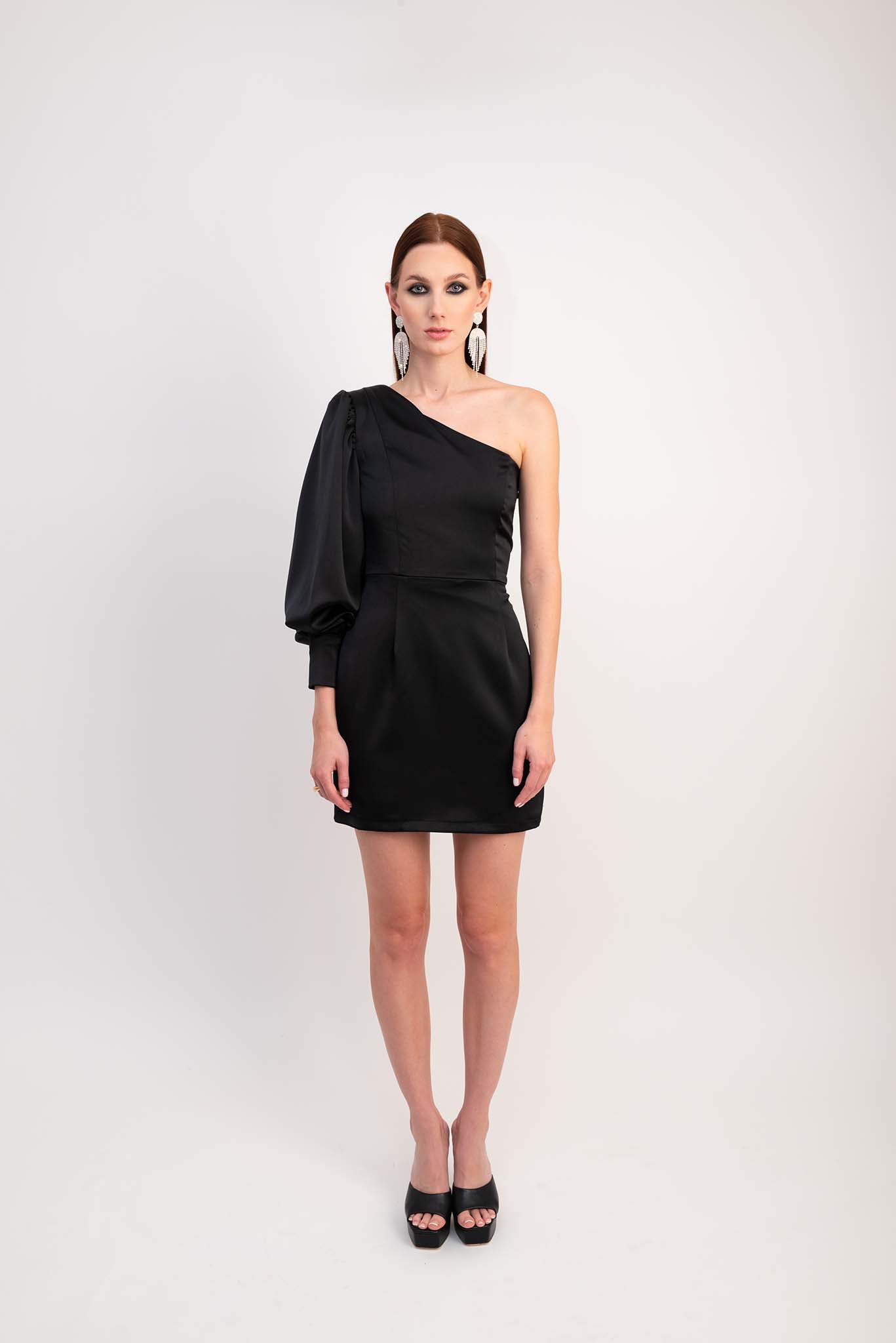IRA by Irini Charalampous, @irathebrand online shop fashionable ready-to-wear womenswear brand satin dress AMARIS color black high heels Cyprus Greece