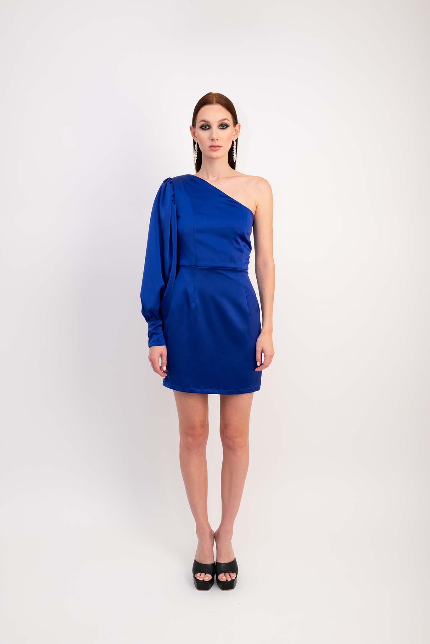 IRA by Irini Charalampous, @irathebrand online shop fashionable ready-to-wear womenswear brand satin dress AMARIS color blue ink high heels Cyprus Greece
