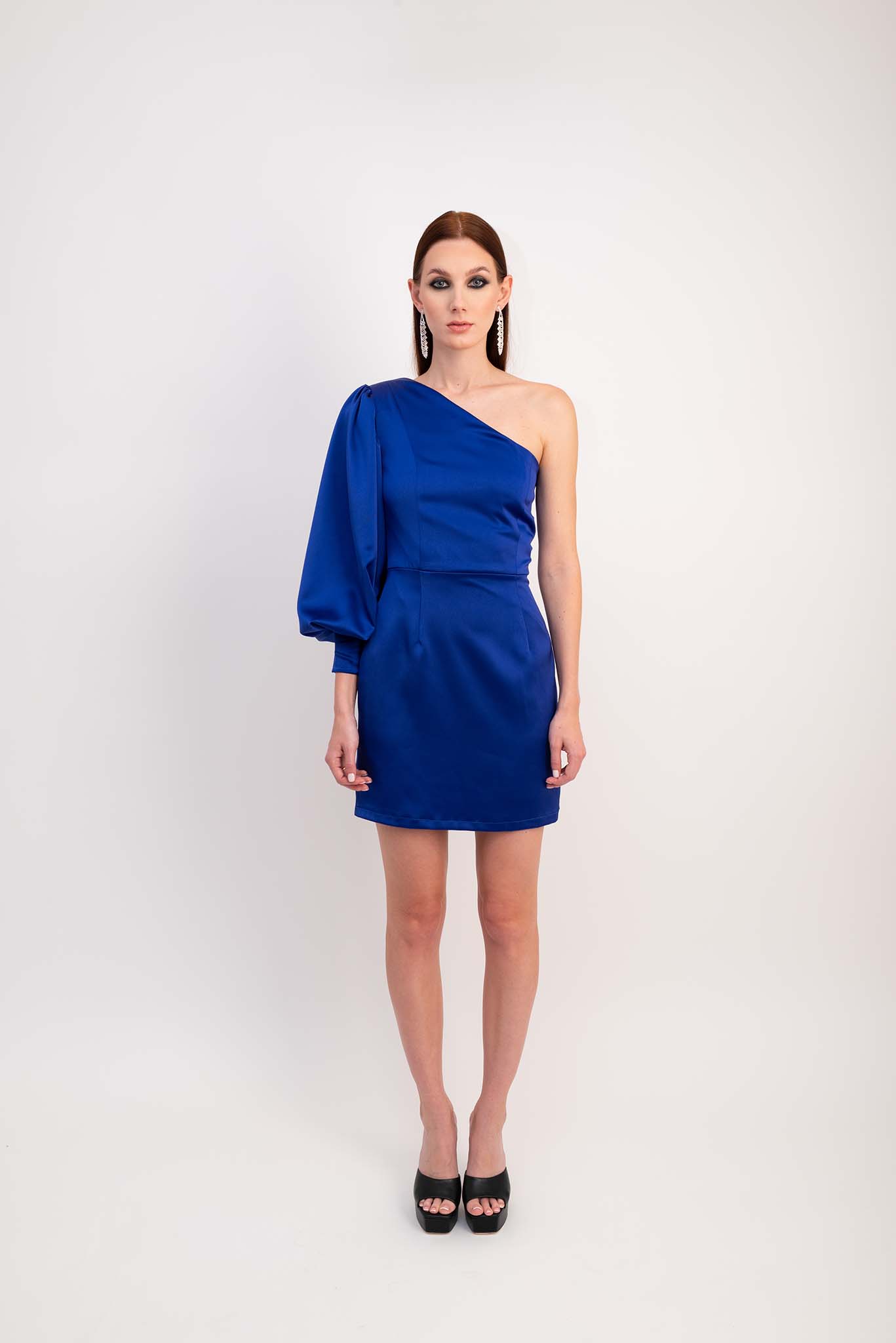 IRA by Irini Charalampous, @irathebrand online shop fashionable ready-to-wear womenswear brand satin dress AMARIS color blue ink high heels Cyprus Greece