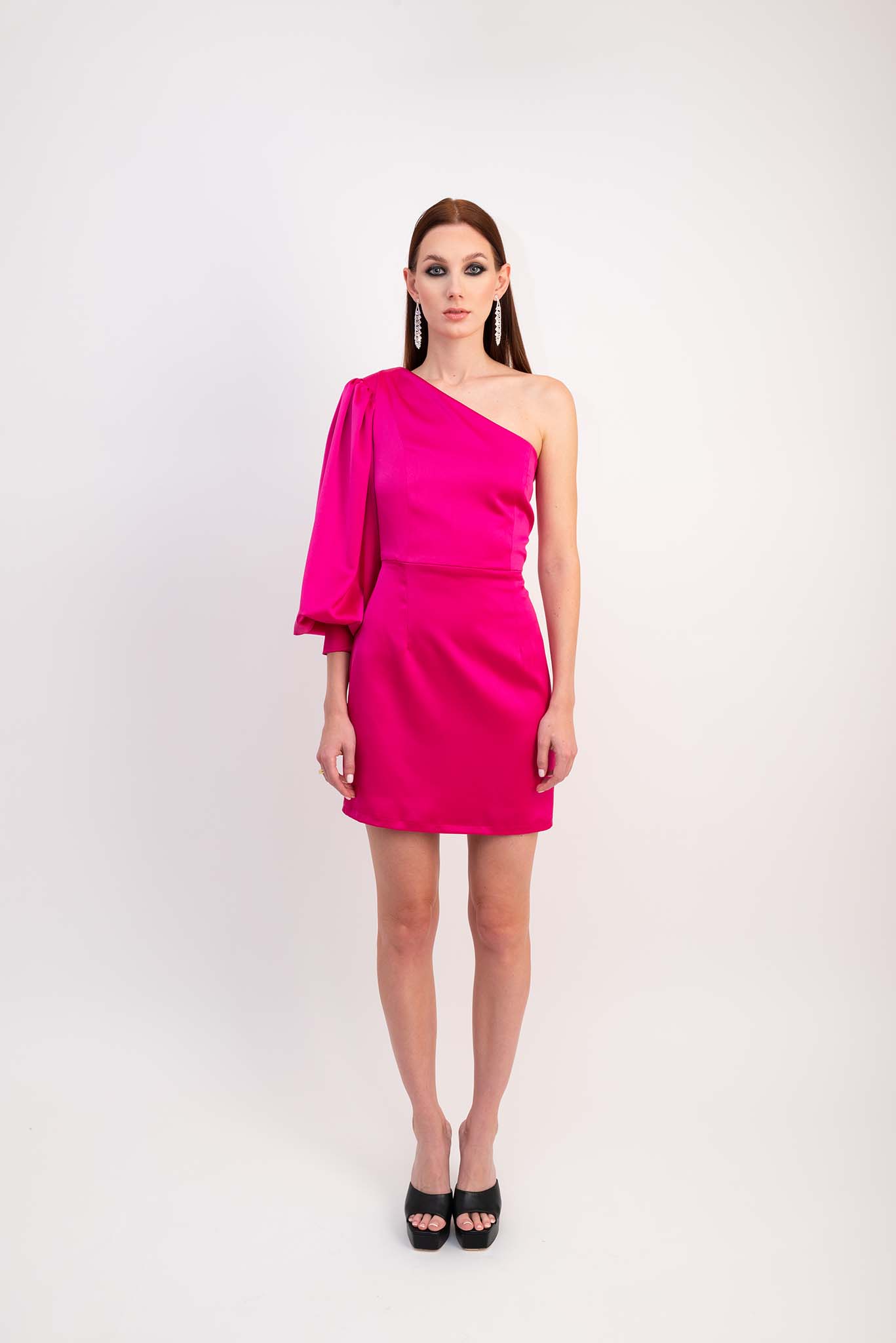 IRA by Irini Charalampous, @irathebrand online shop fashionable ready-to-wear womenswear brand satin dress AMARIS color fuchsia high heels Cyprus Greece