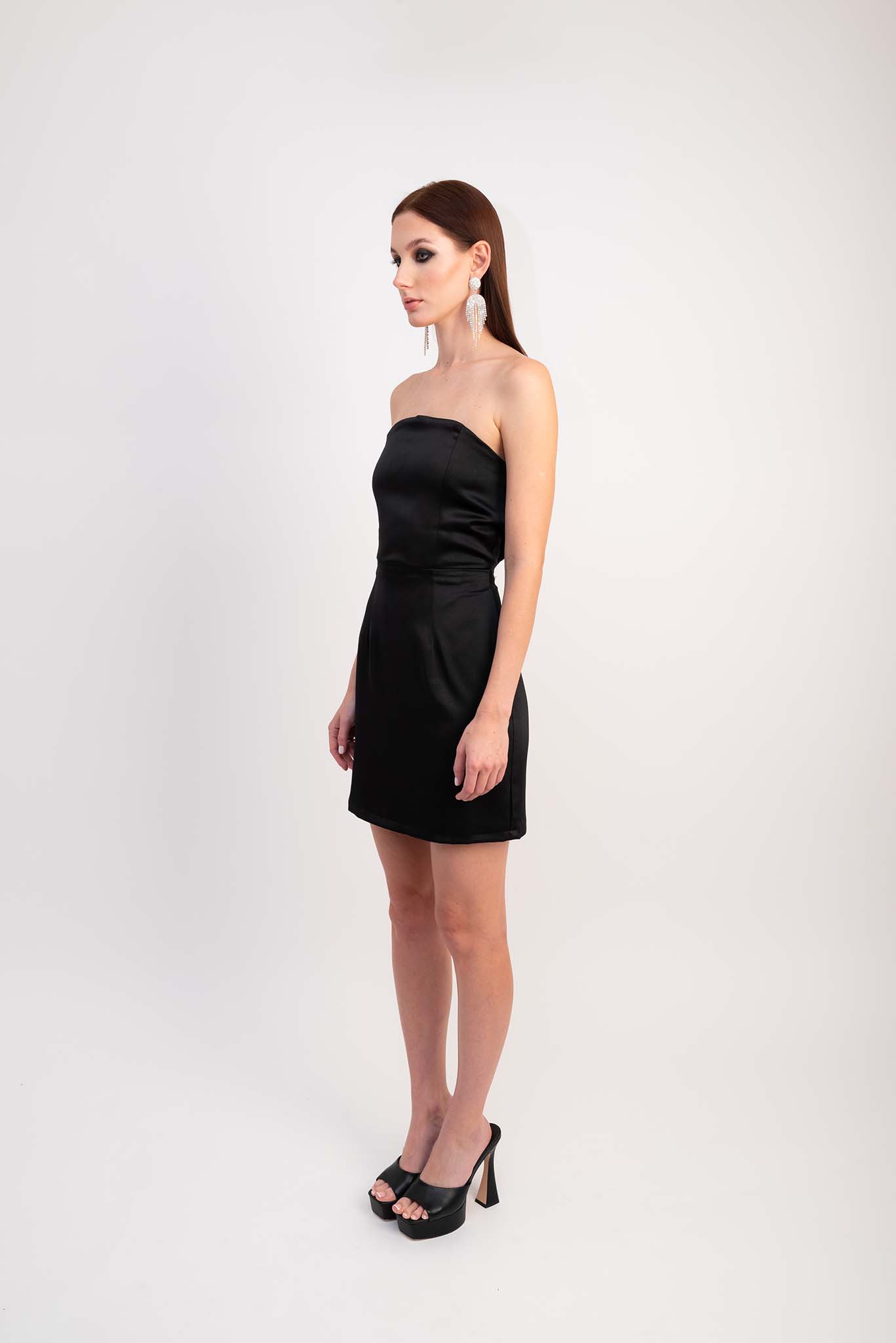 IRA by Irini Charalampous, @irathebrand online shop fashionable ready-to-wear womenswear brand satin dress ANNA color black high heels Cyprus Greece