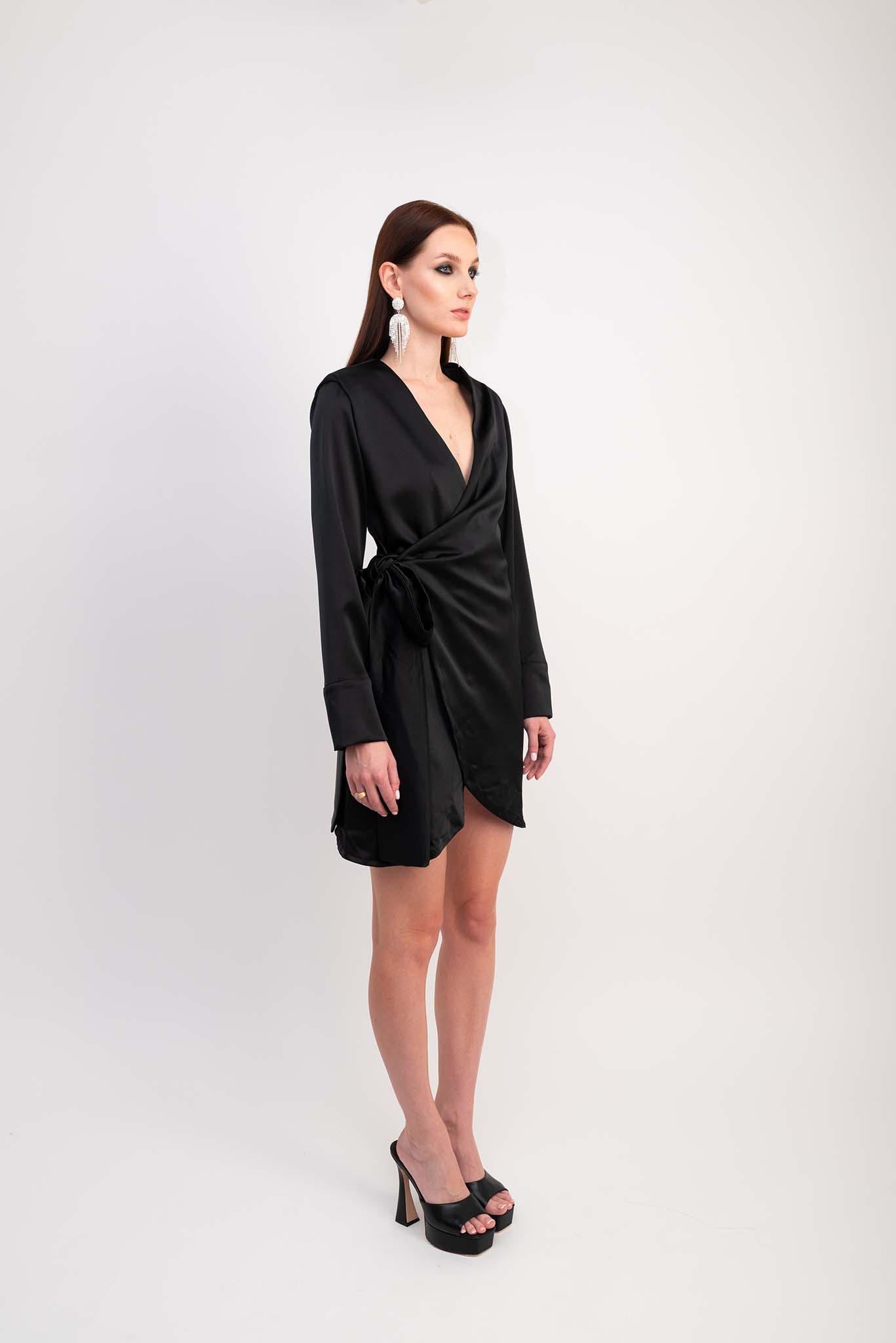 IRA by Irini Charalampous, @irathebrand online shop fashionable ready-to-wear womenswear brand satin dress CELIA color black high heels Cyprus Greece