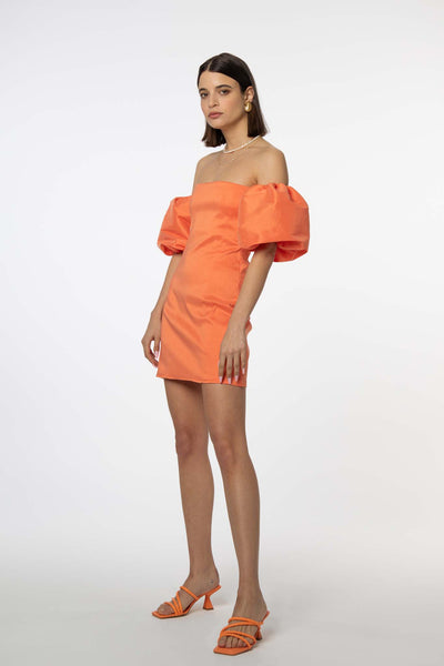 IRA by Irini Charalampous, @irathebrand online shop fashionable ready-to-wear womenswear brand taffeta dress HELENA colour tangerine high heels Cyprus Greece