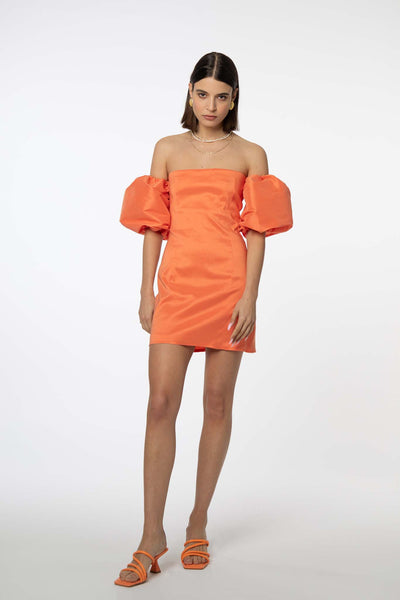 IRA by Irini Charalampous, @irathebrand online shop fashionable ready-to-wear womenswear brand taffeta dress HELENA colour tangerine high heels Cyprus Greece