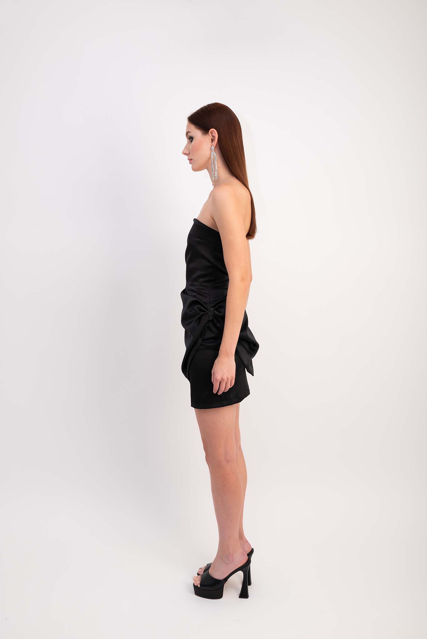 IRA by Irini Charalampous, @irathebrand online shop fashionable ready-to-wear womenswear brand satin dress LOLITA color black high heels Cyprus Greece