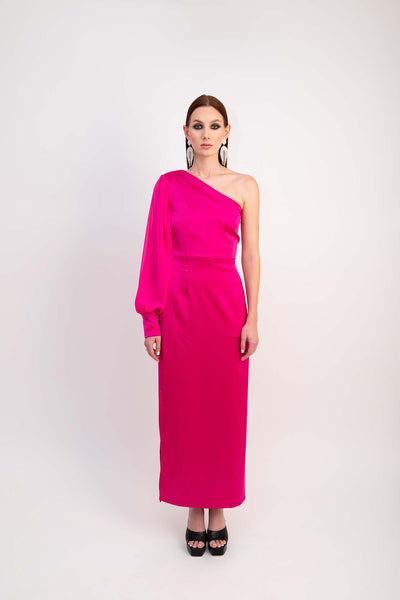 IRA by Irini Charalampous, @irathebrand online shop fashionable ready-to-wear womenswear brand satin dress MARISSA color fuchsia high heels Cyprus Greece