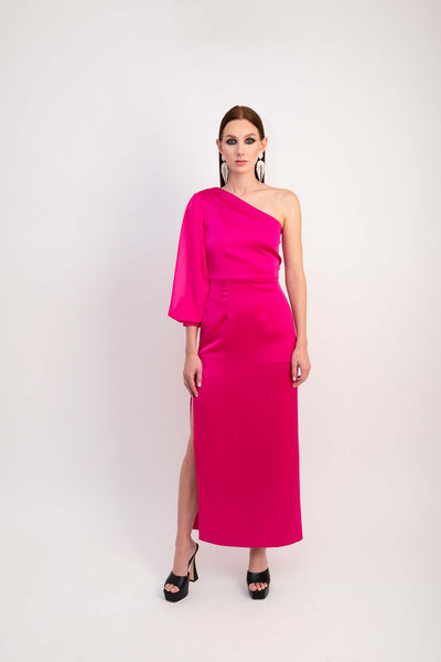 IRA by Irini Charalampous, @irathebrand online shop fashionable ready-to-wear womenswear brand satin dress MARISSA color fuchsia high heels Cyprus Greece