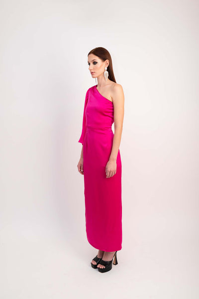 IRA by Irini Charalampous, @irathebrand online shop fashionable ready-to-wear womenswear brand satin dress MARISSA color fuchsia high heels Cyprus Greece