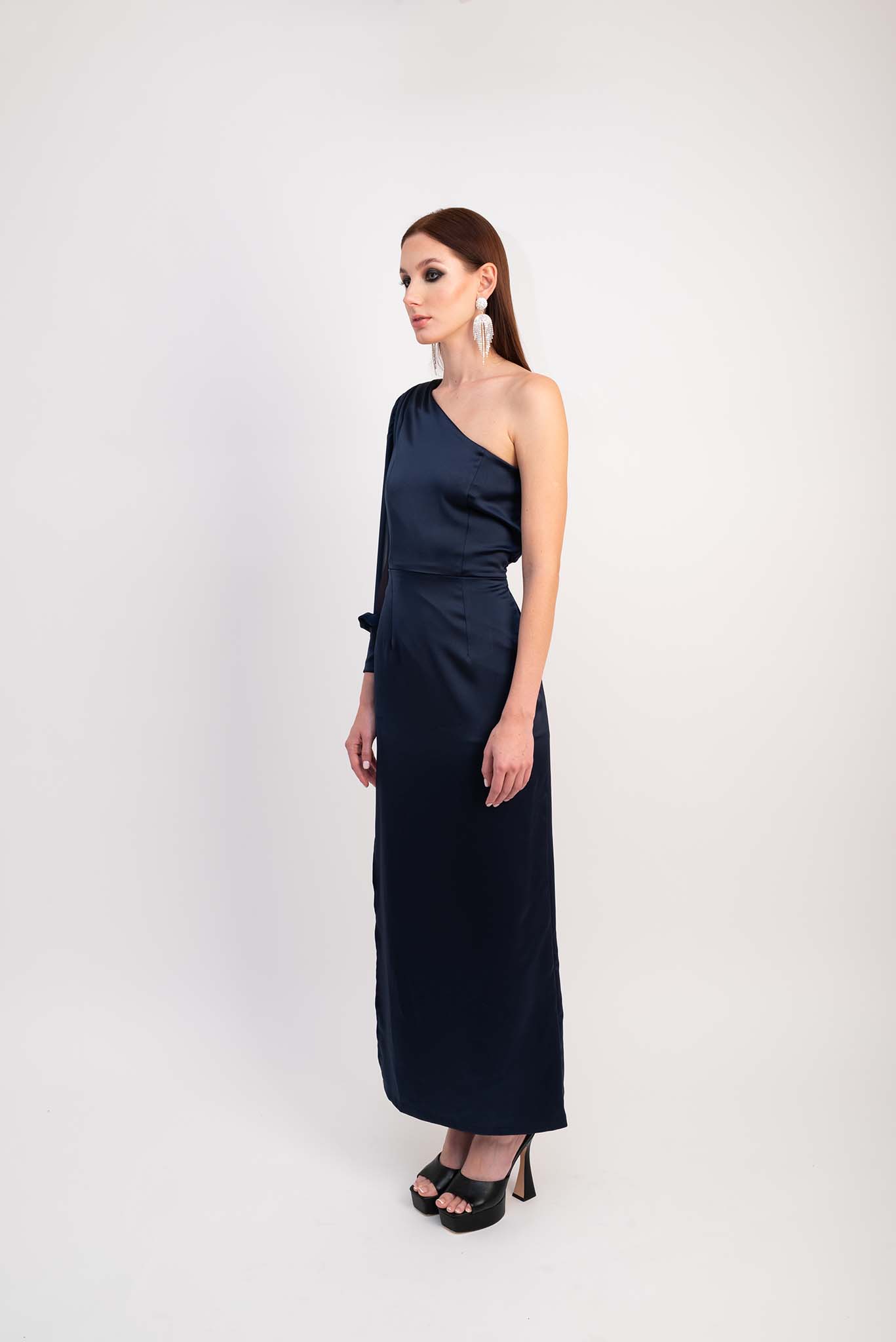 IRA by Irini Charalampous, @irathebrand online shop fashionable ready-to-wear womenswear brand satin dress MARISSA color black high heels Cyprus Greece